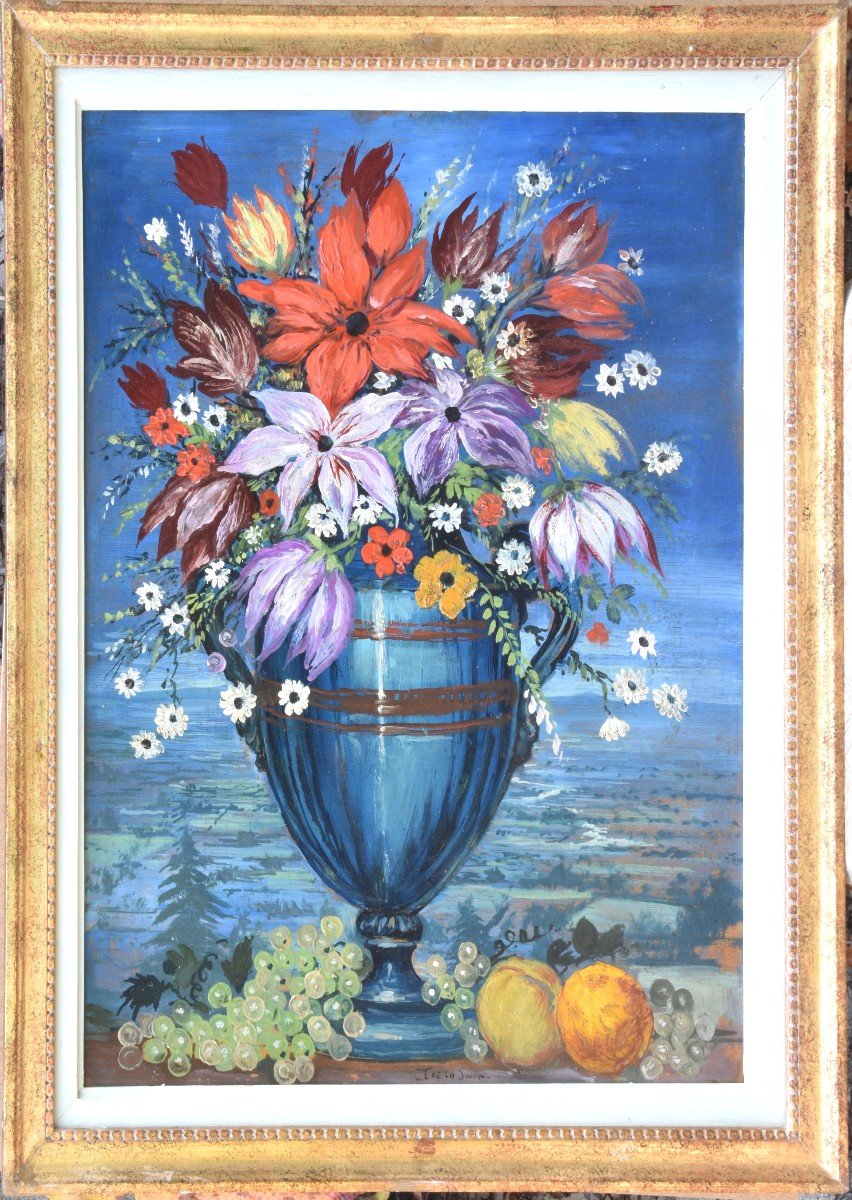 Ismael de LA SERNA "bouquet devant un paysage" huile sur panneau 52x42